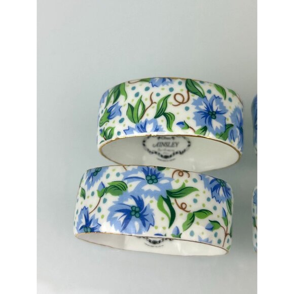 Two's Company Ainsley Chintz Blue Floral Ceramic Porcelain Napkin Rings Set of 4 - Picture 7 of 14